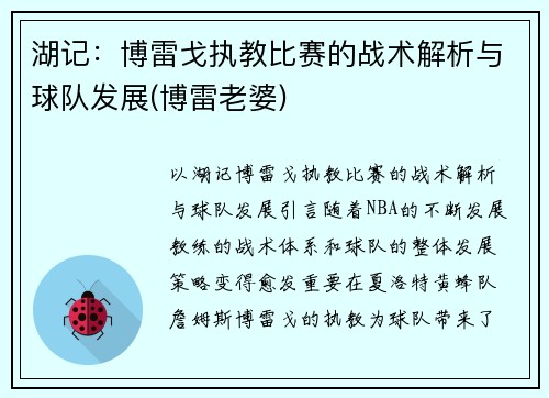 湖记：博雷戈执教比赛的战术解析与球队发展(博雷老婆)