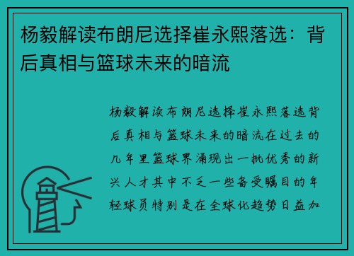 杨毅解读布朗尼选择崔永熙落选：背后真相与篮球未来的暗流