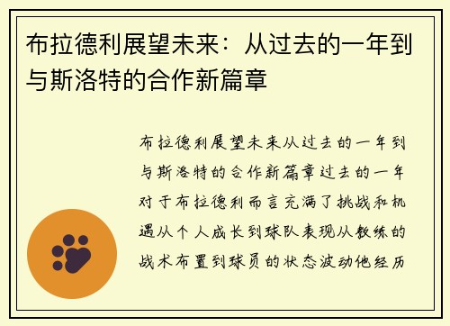 布拉德利展望未来：从过去的一年到与斯洛特的合作新篇章