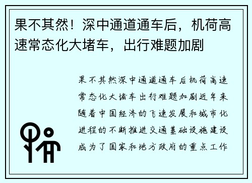 果不其然！深中通道通车后，机荷高速常态化大堵车，出行难题加剧