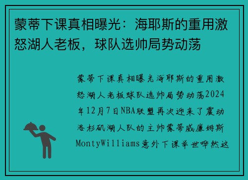 蒙蒂下课真相曝光：海耶斯的重用激怒湖人老板，球队选帅局势动荡